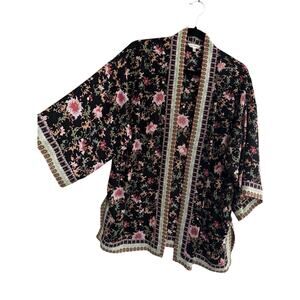 MAX STUDIO Kimono Cardigan Womens Medium Floral Black Pink Open Front #6480